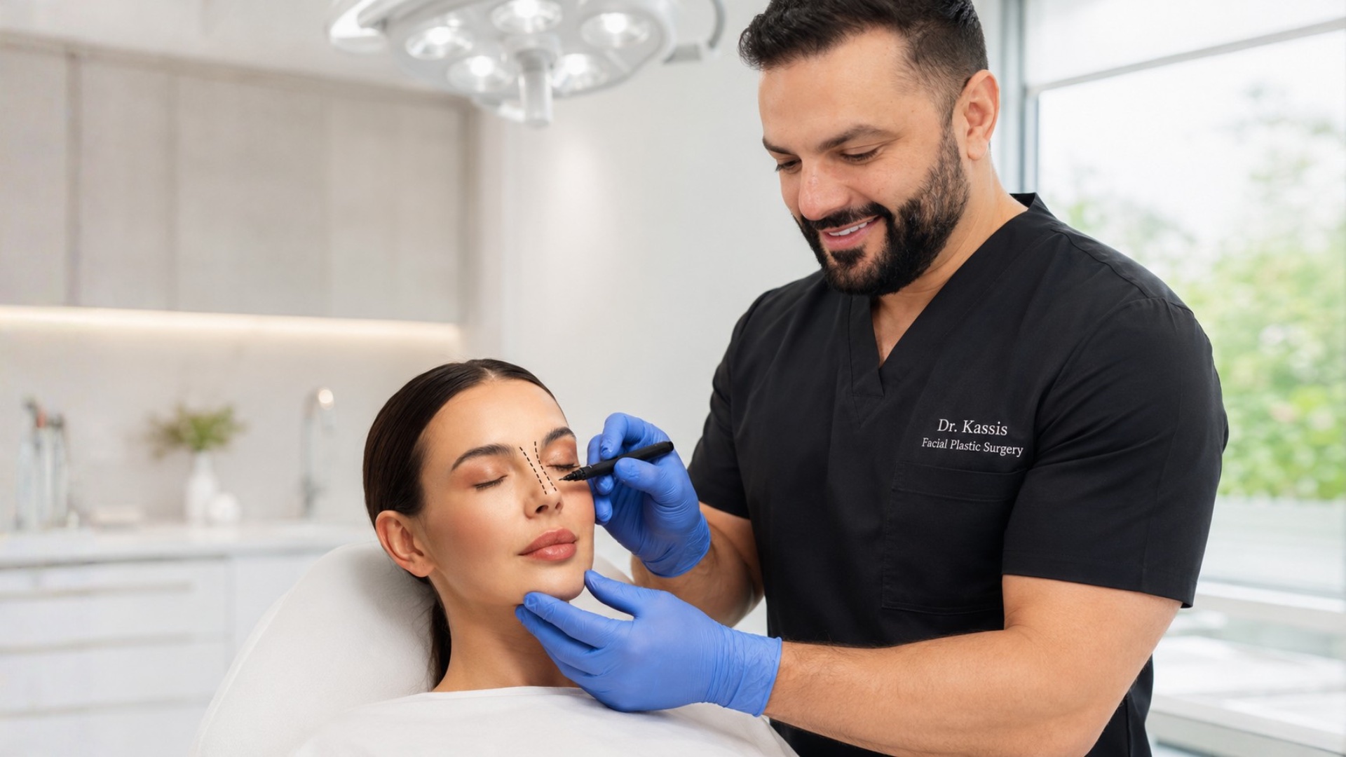 Dr. Salam Kassis marking a patient's nose before rhinoplasty